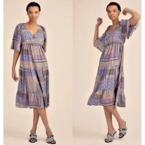 Trina Turk Womens Geometric Patchwork Tiered Midi Dress Flutter Sleeve Purple L